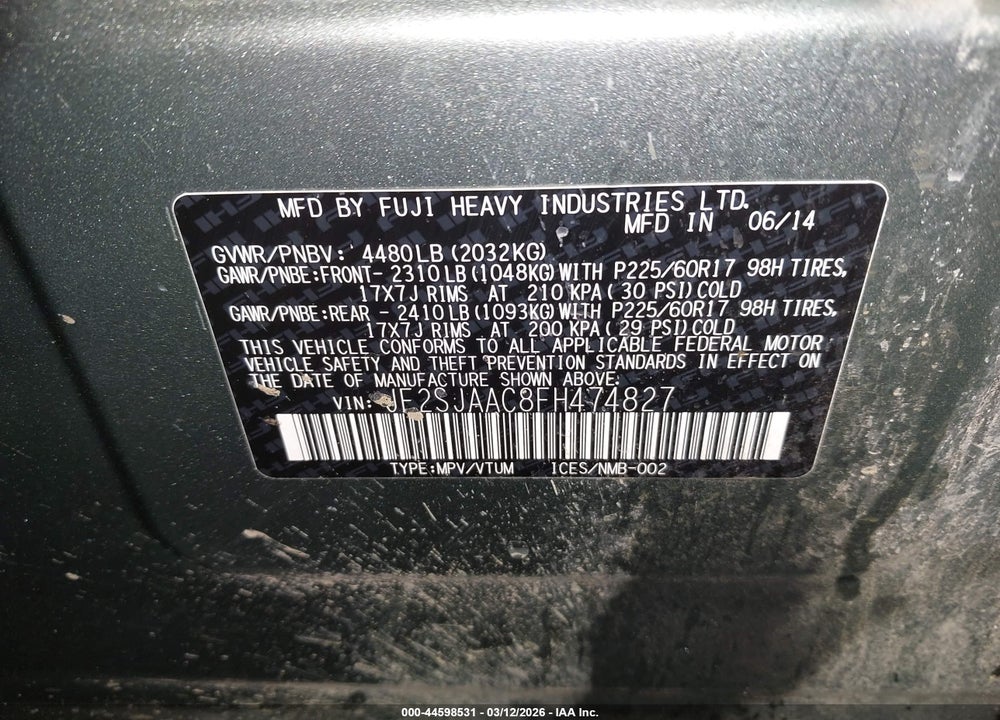 2015 SUBARU FORESTER 2.5I VIN: JF2SJAAC8FH474827