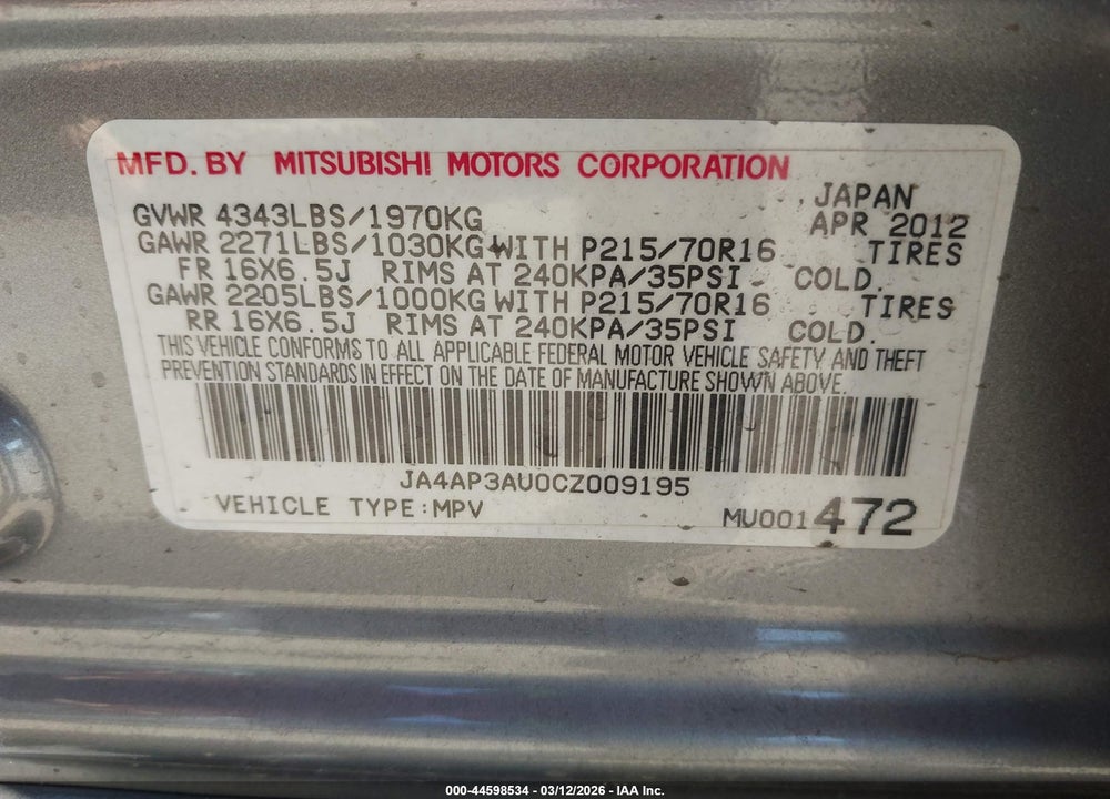 2012 MITSUBISHI OUTLANDER SPORT ES VIN: JA4AP3AU0CZ009195