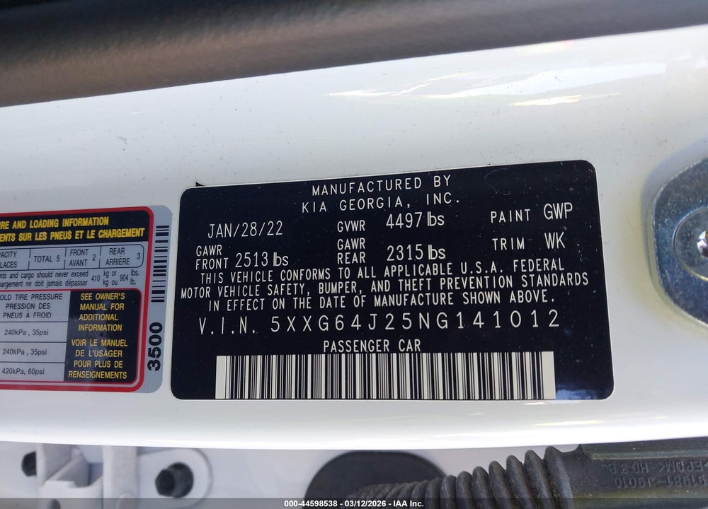 2022 KIA K5 GT-LINE VIN: 5XXG64J25NG141012