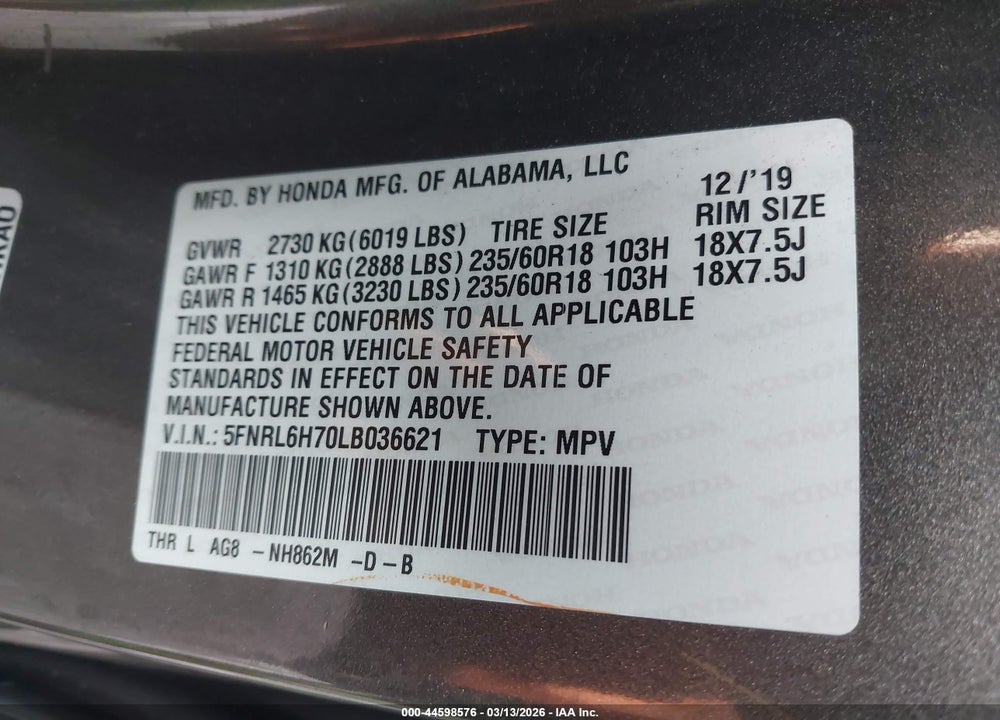 2020 HONDA ODYSSEY EX-L/EX-L W/NAVI   RES VIN: 5FNRL6H70LB036621