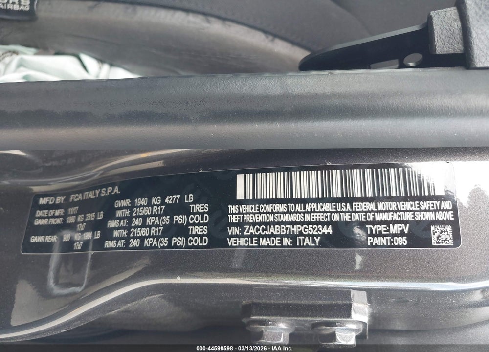 2017 JEEP RENEGADE LATITUDE FWD VIN: ZACCJABB7HPG52344