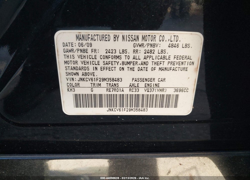 2009 INFINITI G37X VIN: JNKCV61F29M358483