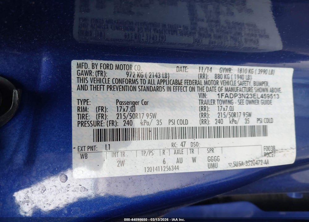 2014 FORD FOCUS TITANIUM VIN: 1FADP3N23EL459513