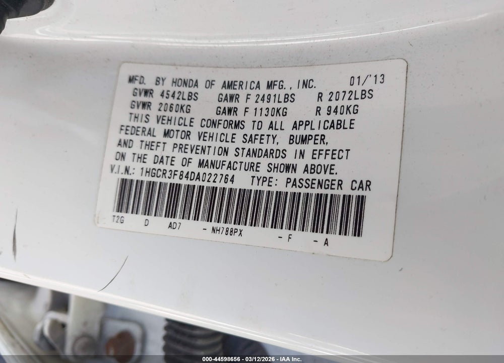 2013 HONDA ACCORD EX-L V-6 VIN: 1HGCR3F84DA022764