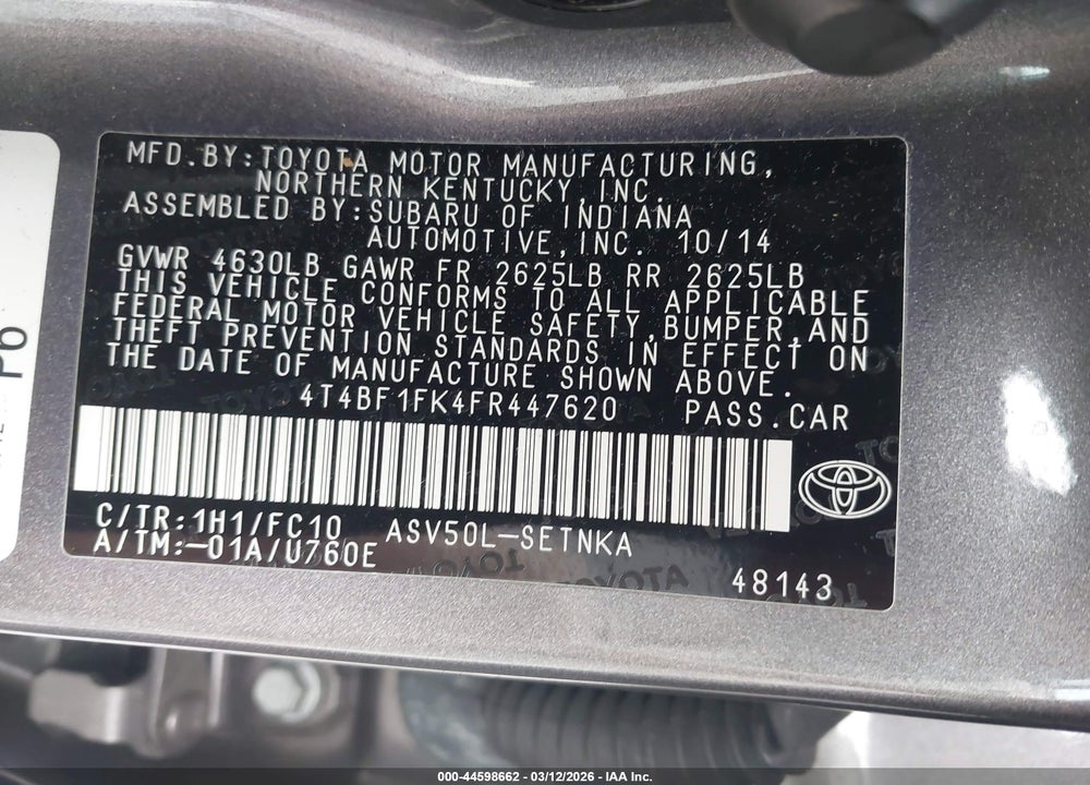 2015 TOYOTA CAMRY LE VIN: 4T4BF1FK4FR447620