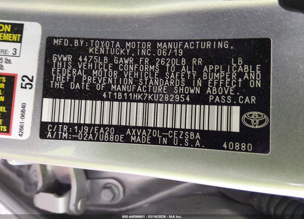 2019 TOYOTA CAMRY SE VIN: 4T1B11HK7KU282954