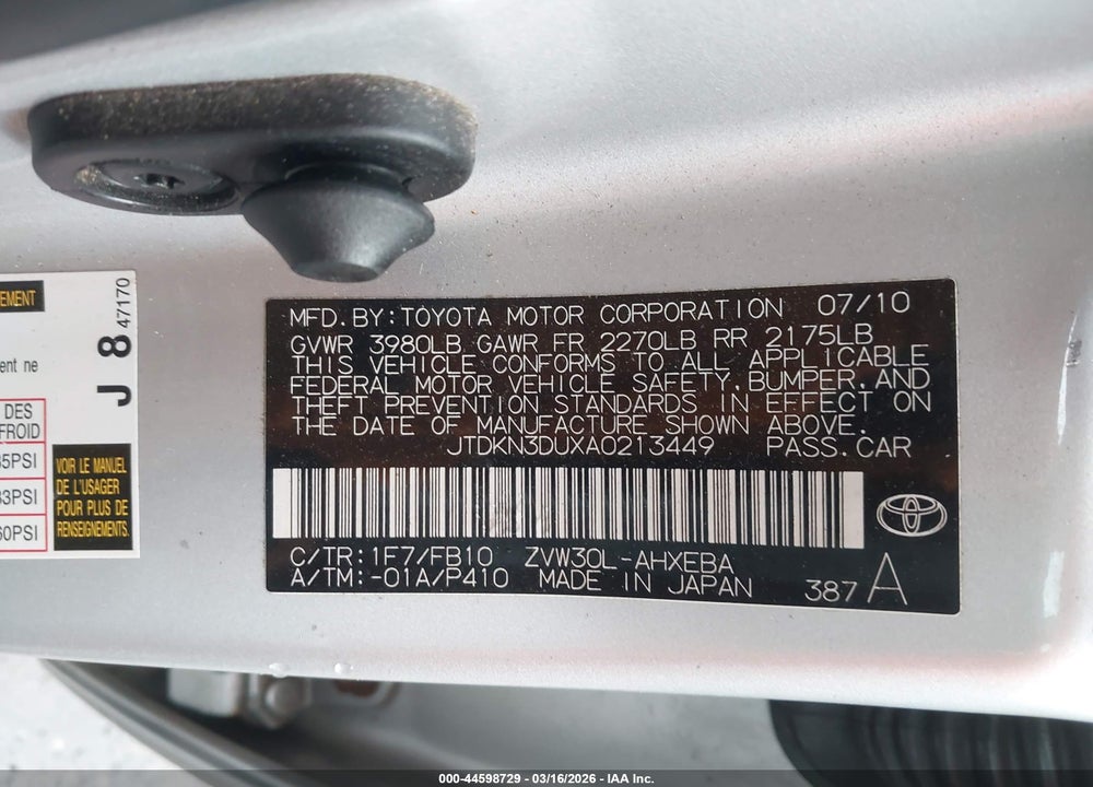 2010 TOYOTA PRIUS II VIN: JTDKN3DUXA0213449