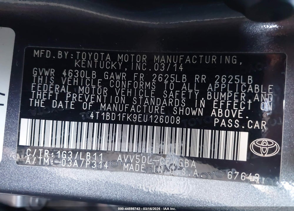 2014 TOYOTA CAMRY HYBRID XLE VIN: 4T1BD1FK9EU126008