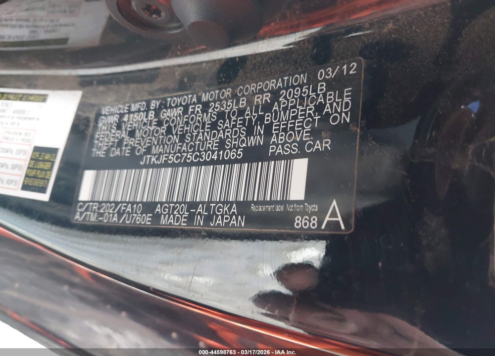 2012 SCION TC VIN: JTKJF5C75C3041065