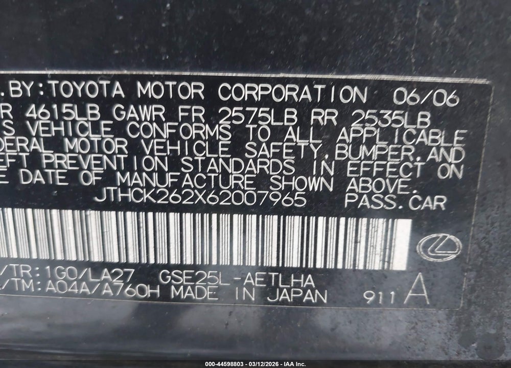 2006 LEXUS IS 250 VIN: JTHCK262X62007965