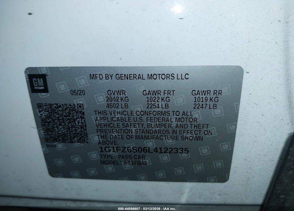 2020 CHEVROLET BOLT EV FWD PREMIER VIN: 1G1FZ6S06L4122335