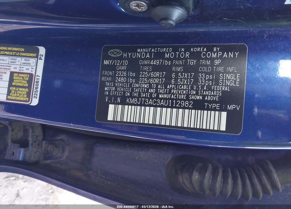 2010 HYUNDAI TUCSON GLS VIN: KM8JT3AC3AU112982
