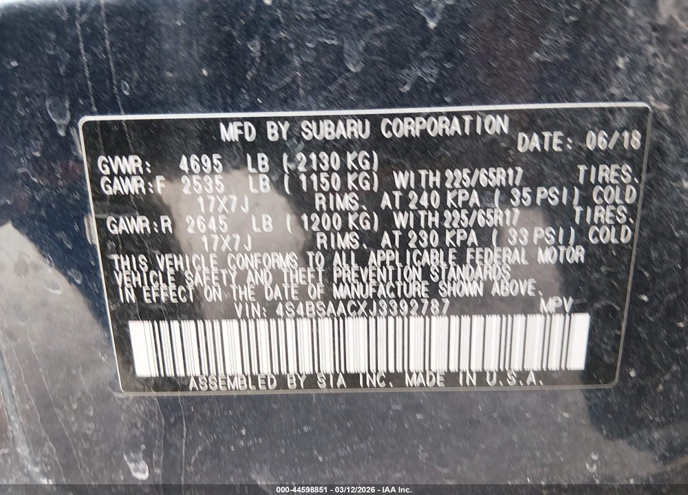 2018 SUBARU OUTBACK 2.5I VIN: 4S4BSAACXJ3392787