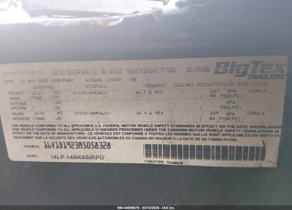 2021 BIG TEX DUMP TRAILER VIN: 16V1D1923M5058328