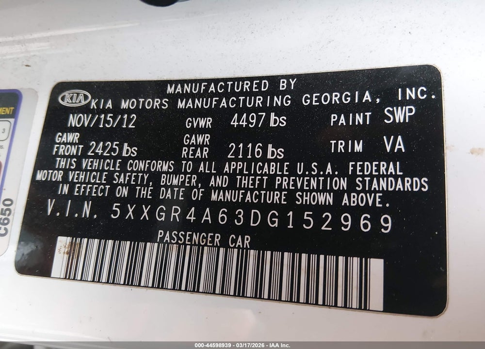 2013 KIA OPTIMA SX VIN: 5XXGR4A63DG152969