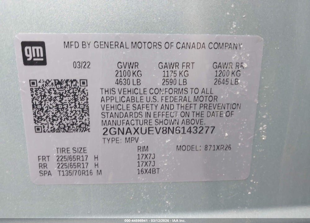 2022 CHEVROLET EQUINOX AWD LT VIN: 2GNAXUEV8N6143277