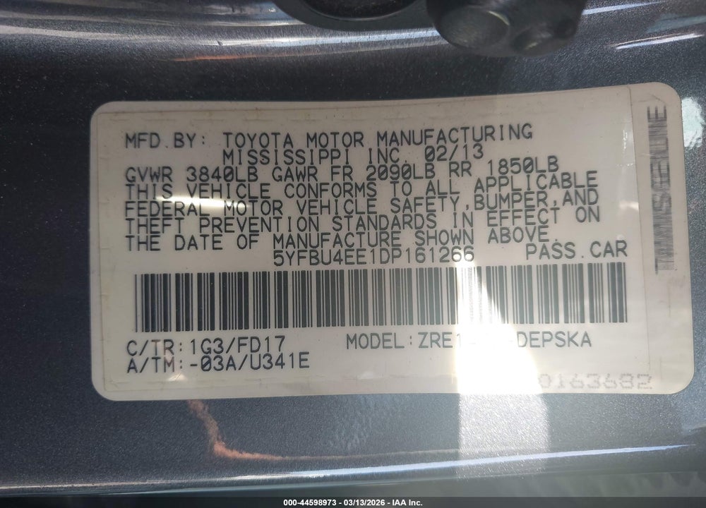 2013 TOYOTA COROLLA S VIN: 5YFBU4EE1DP161266