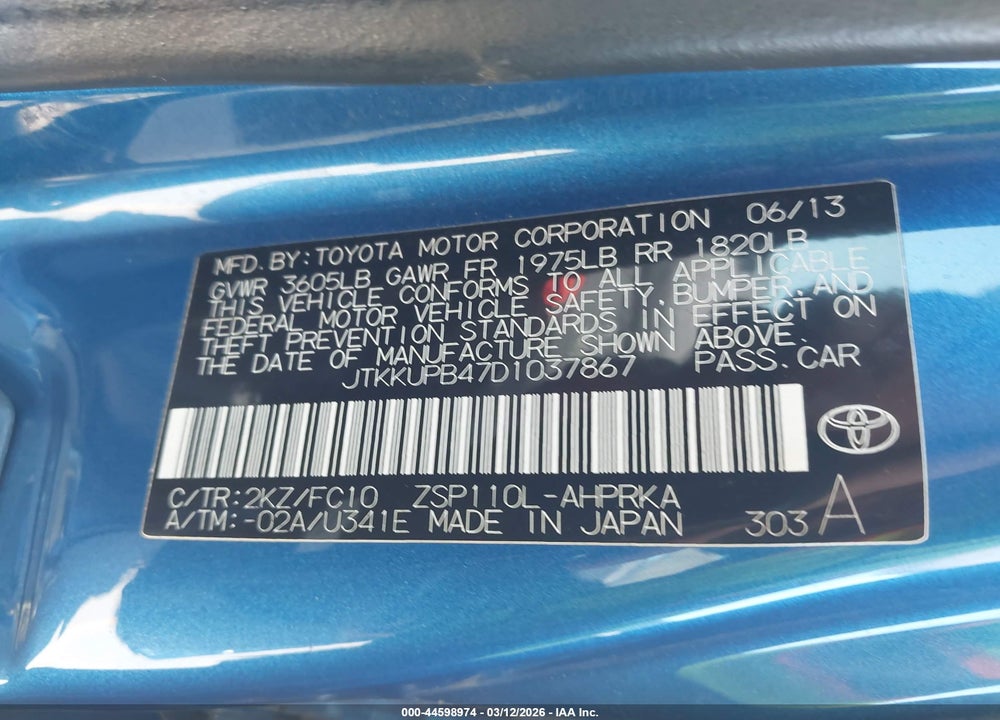 2013 SCION XD VIN: JTKKUPB47D1037867