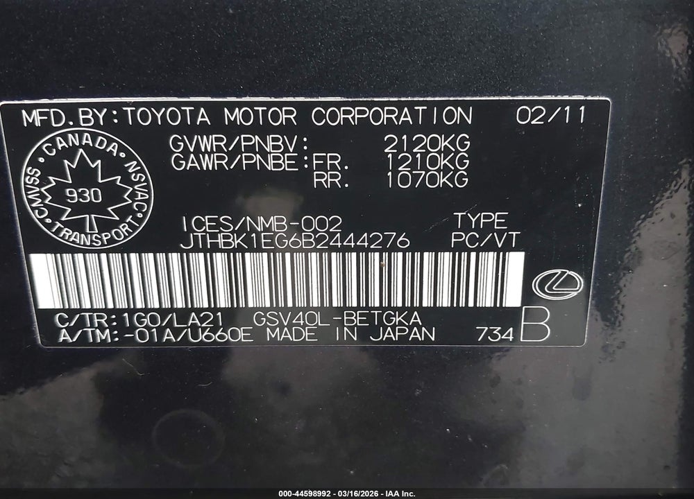 2011 LEXUS ES 350 VIN: JTHBK1EG6B2444276