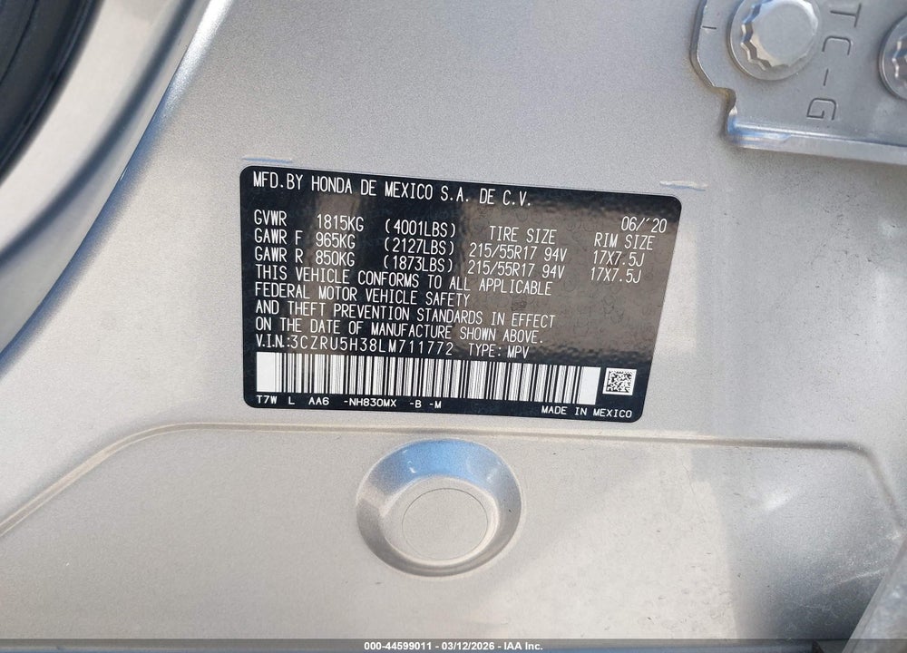 2020 HONDA HR-V 2WD LX VIN: 3CZRU5H38LM711772