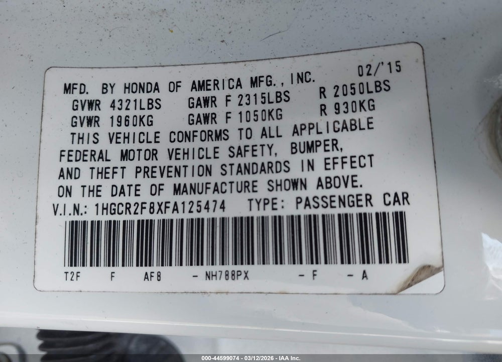 2015 HONDA ACCORD EX-L VIN: 1HGCR2F8XFA125474