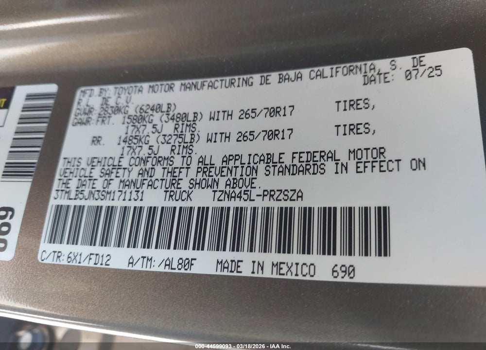 2025 TOYOTA TACOMA TRD OFF ROAD VIN: 3TMLB5JN3SM171131