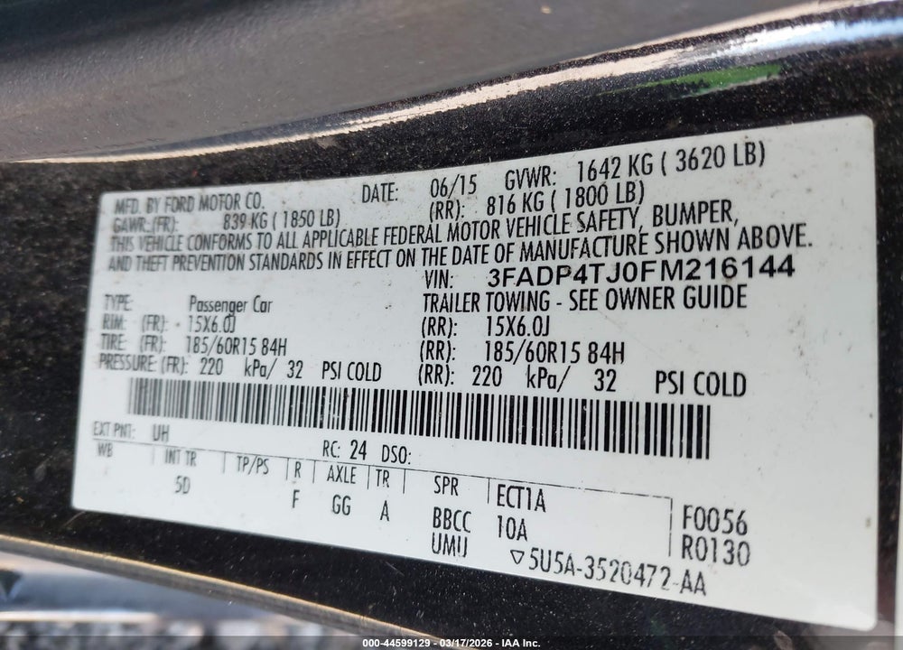 2015 FORD FIESTA S VIN: 3FADP4TJ0FM216144