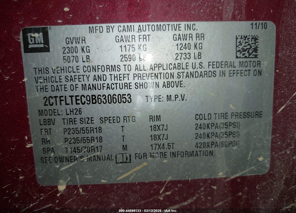 2011 GMC TERRAIN SLE-2 VIN: 2CTFLTEC9B6306053