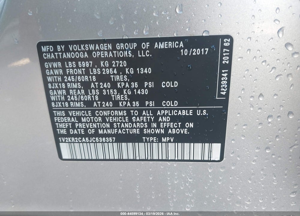 2018 VOLKSWAGEN ATLAS 3.6L V6 SE VIN: 1V2KR2CA5JC536357