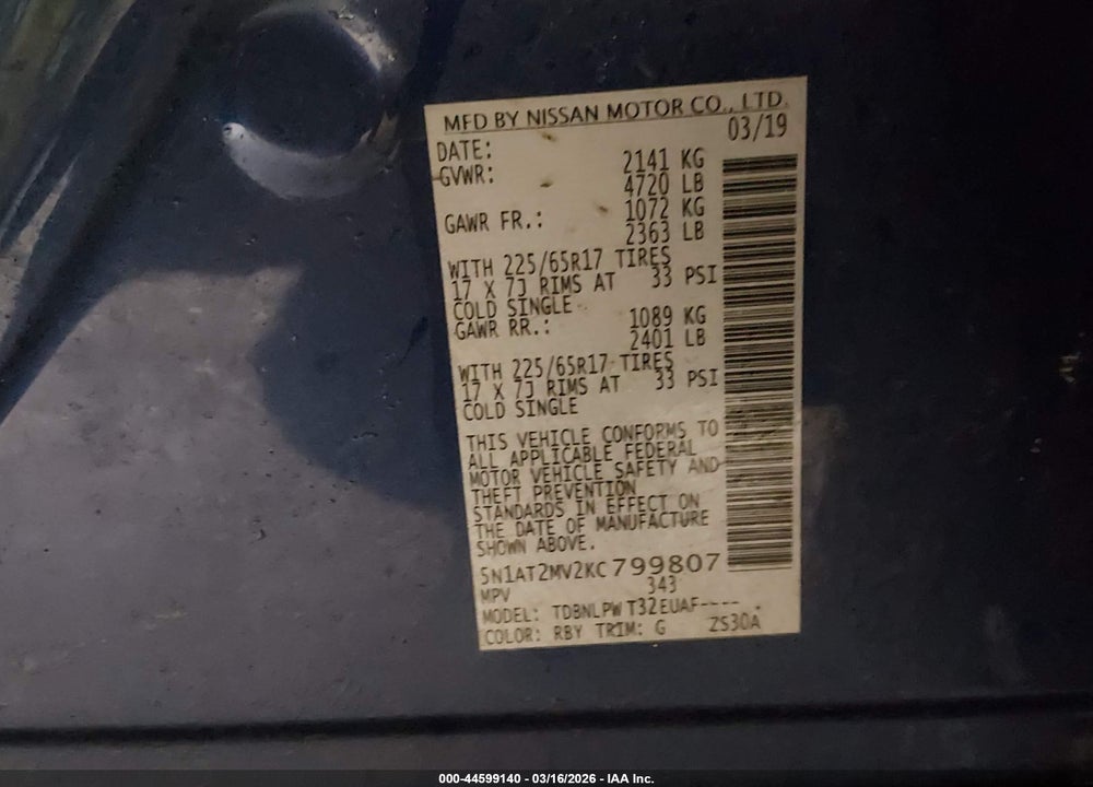 2019 NISSAN ROGUE S VIN: 5N1AT2MV2KC799807