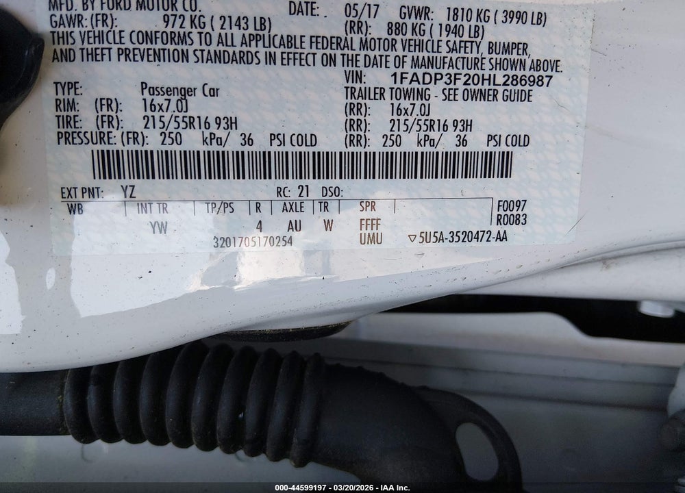 2017 FORD FOCUS SE VIN: 1FADP3F20HL286987