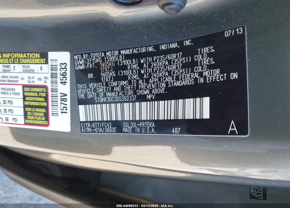 2013 TOYOTA SIENNA LE V6 8 PASSENGER VIN: 5TDKK3DC3DS392337