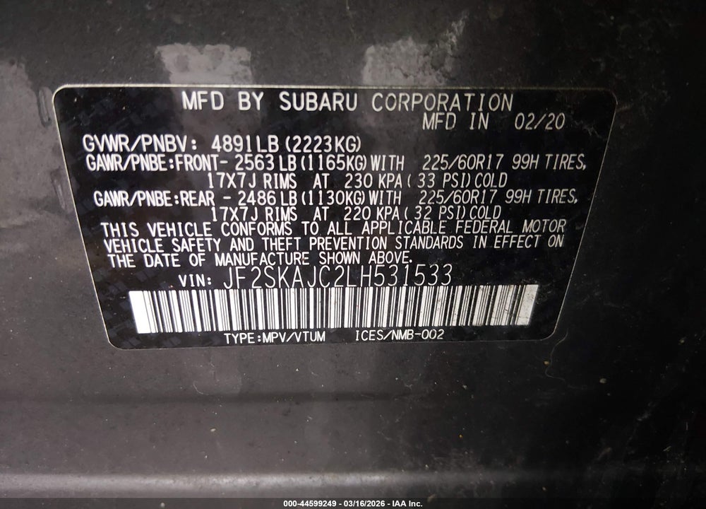 2020 SUBARU FORESTER PREMIUM VIN: JF2SKAJC2LH531533