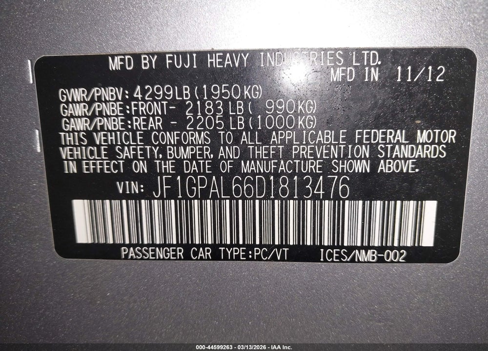 2013 SUBARU IMPREZA 2.0I SPORT PREMIUM VIN: JF1GPAL66D1813476