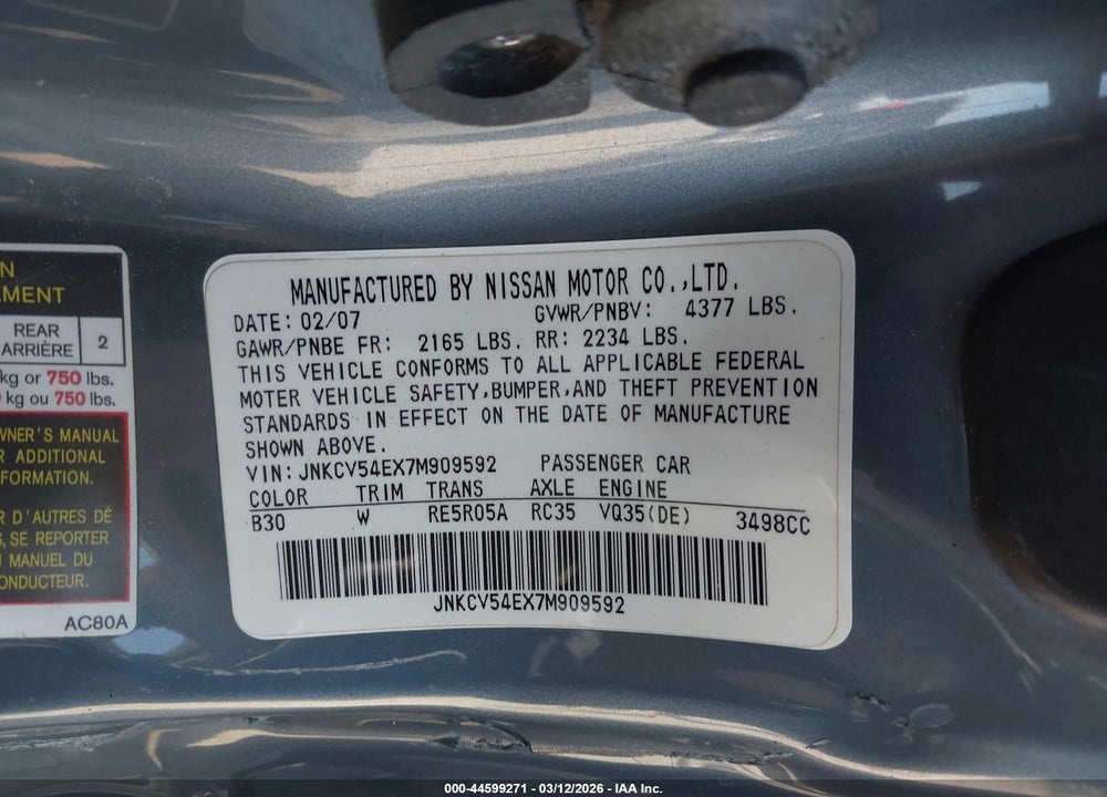 2007 INFINITI G35 COUPE VIN: JNKCV54EX7M909592