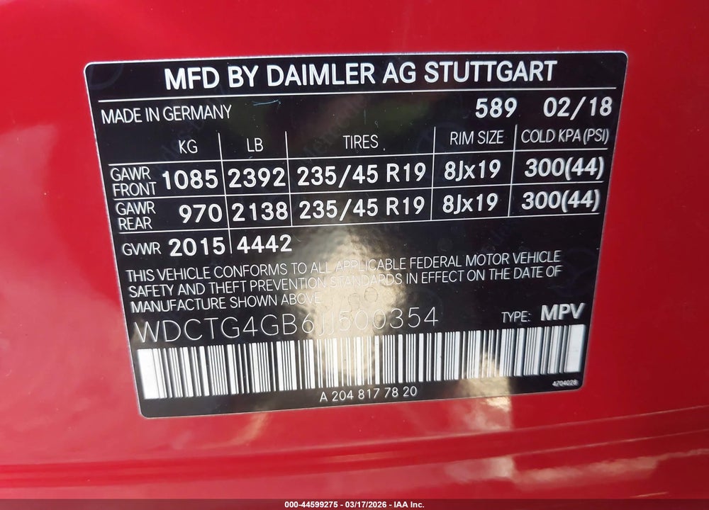 2018 MERCEDES-BENZ GLA 250 4MATIC VIN: WDCTG4GB6JJ500354