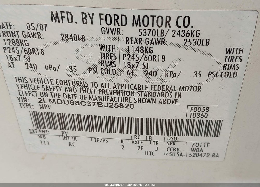 2007 LINCOLN MKX VIN: 2LMDU68C37BJ25820