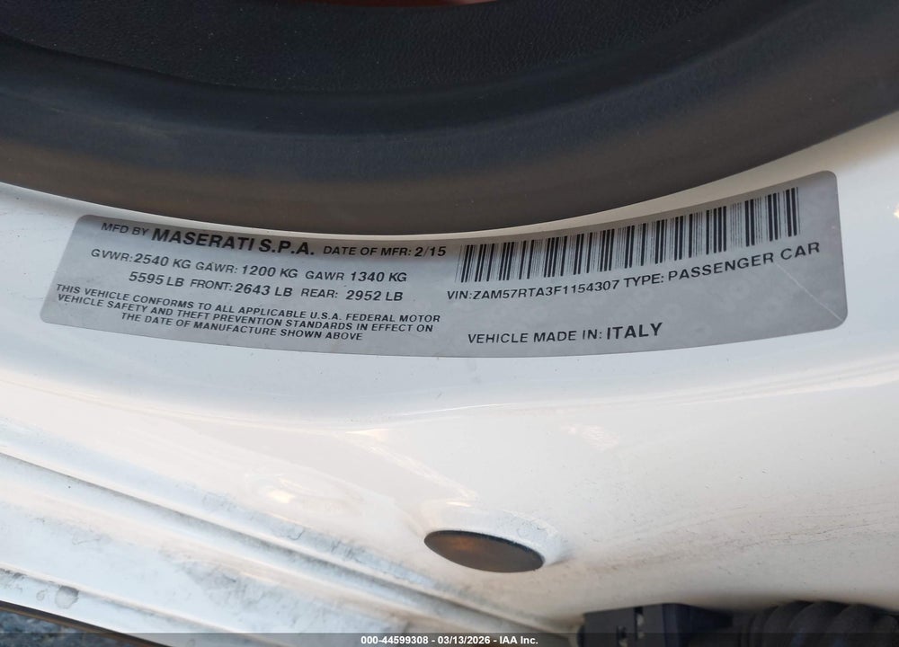 2015 MASERATI GHIBLI S Q4 VIN: ZAM57RTA3F1154307