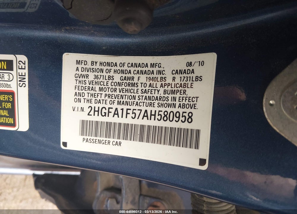 2010 HONDA CIVIC LX VIN: 2HGFA1F57AH580958