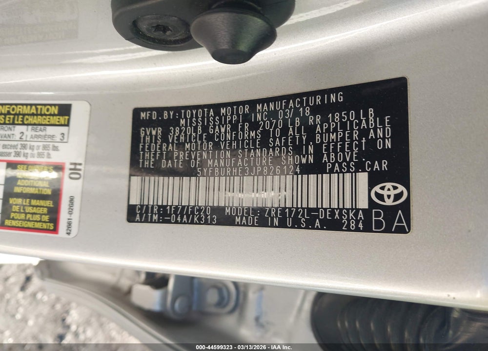 2018 TOYOTA COROLLA SE VIN: 5YFBURHE3JP826124