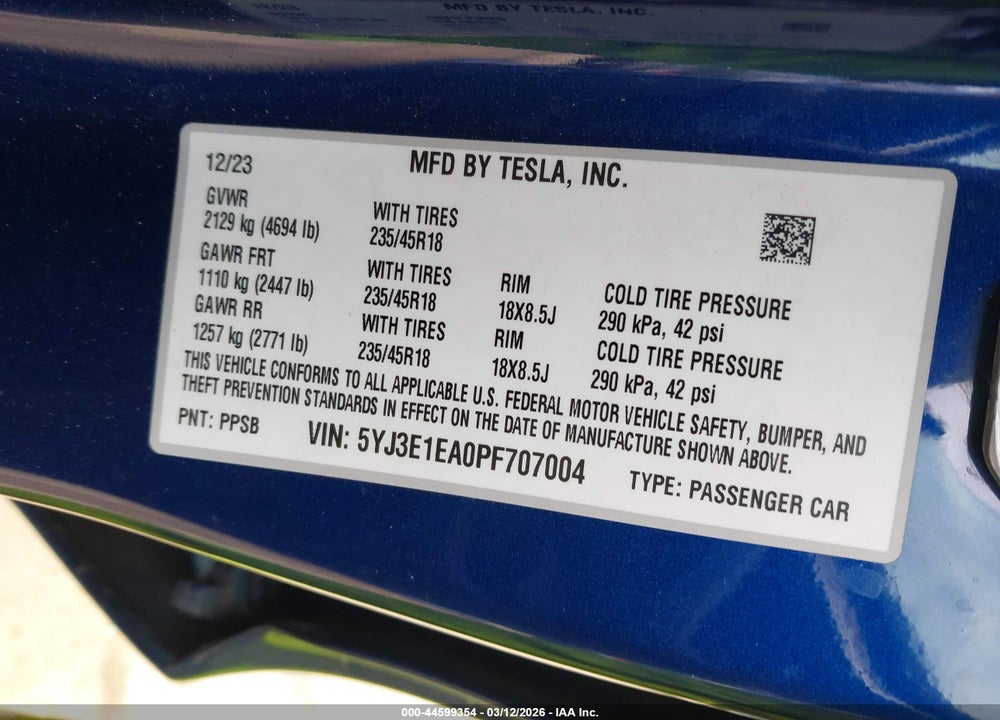 2023 TESLA MODEL 3 REAR-WHEEL DRIVE VIN: 5YJ3E1EA0PF707004