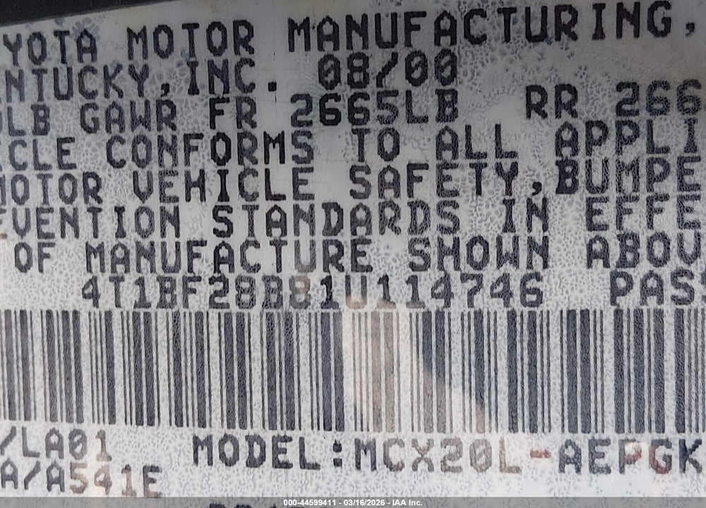 2001 TOYOTA AVALON XLS VIN: 4T1BF28B81U114746