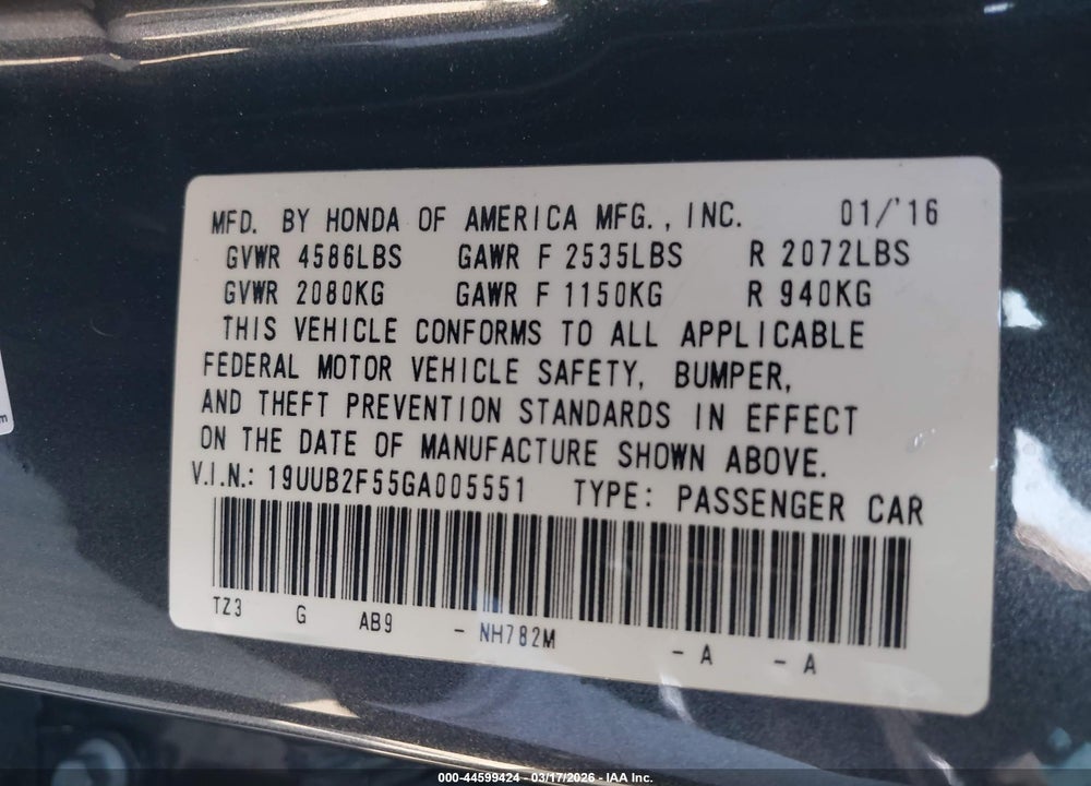 2016 ACURA TLX V6 TECH VIN: 19UUB2F55GA005551