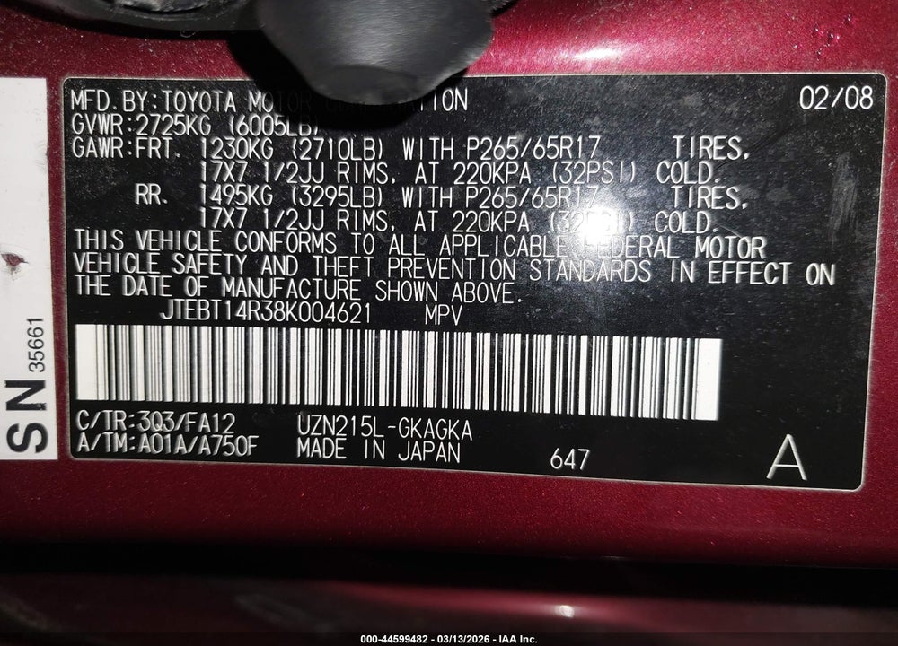 2008 TOYOTA 4RUNNER SR5 V8 VIN: JTEBT14R38K004621