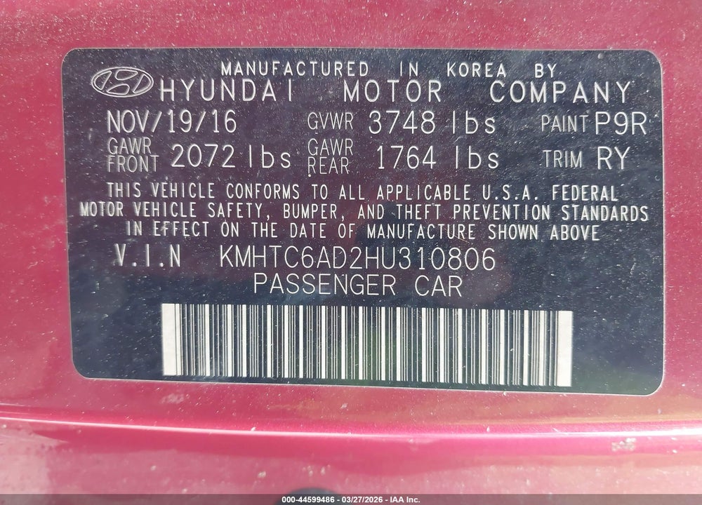 2017 HYUNDAI VELOSTER VIN: KMHTC6AD2HU310806