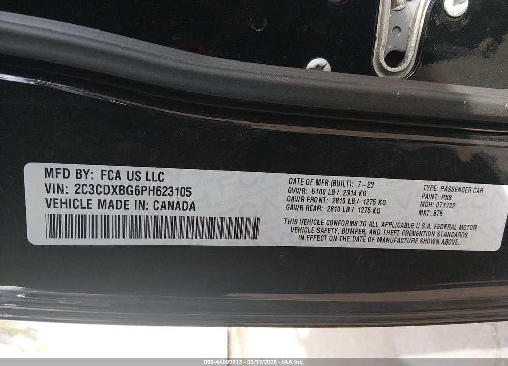 2023 DODGE CHARGER SXT VIN: 2C3CDXBG6PH623105