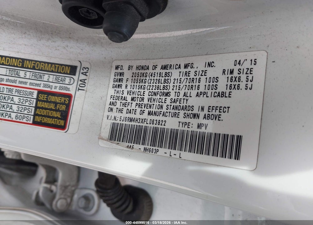 2015 HONDA CR-V LX VIN: 5J6RM4H3XFL063822