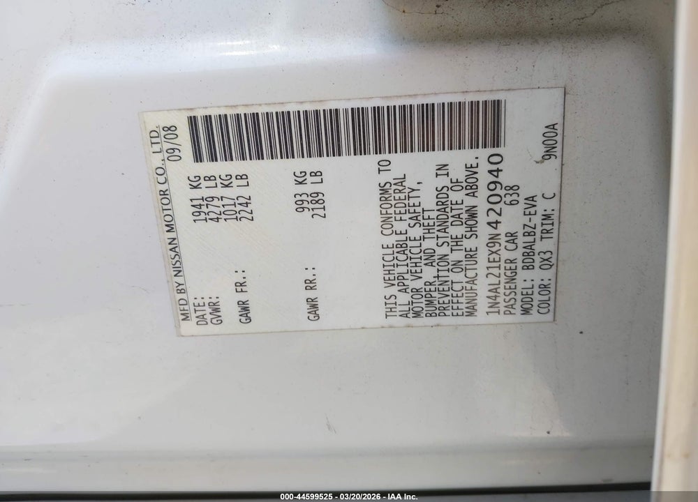 2009 NISSAN ALTIMA 2.5 S VIN: 1N4AL21EX9N420940