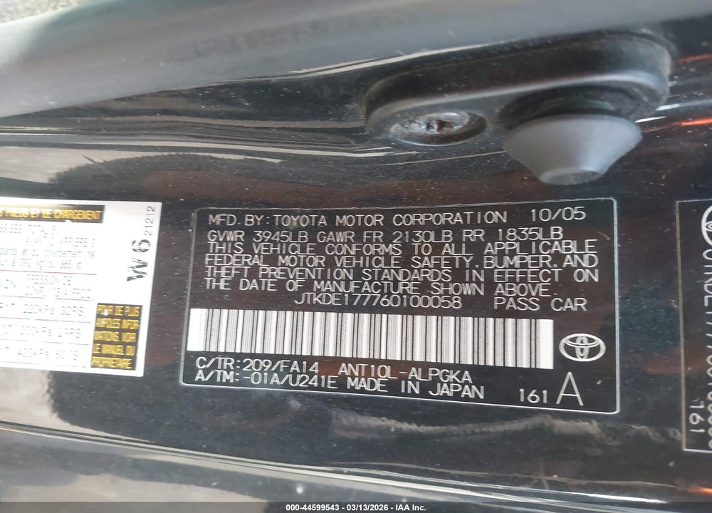 2006 SCION TC VIN: JTKDE177760100058