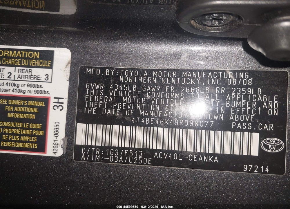 2009 TOYOTA CAMRY LE VIN: 4T4BE46K49R098077